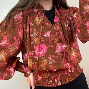 JOIE Pink And Brown Floral Polyester Smocked cuffs/Hem Blouse